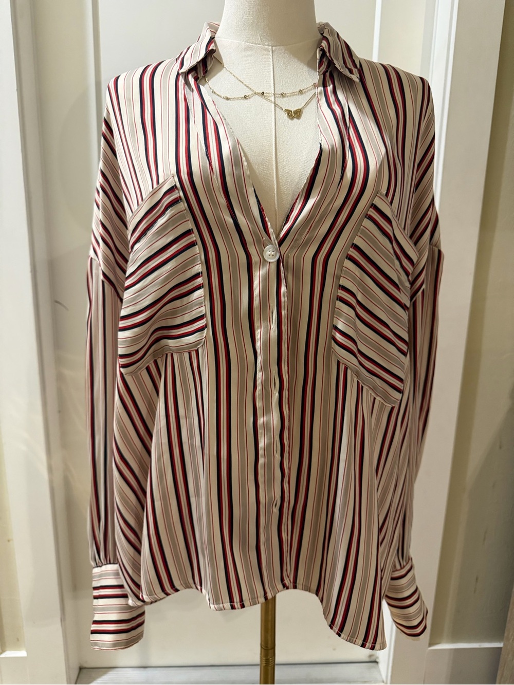 Free People Cream, Burgundy & Black Striped Button-Down Shirt